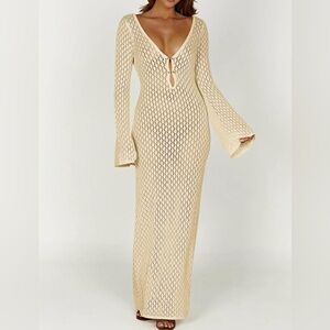 Trendy Apricot Beige Flared Long Sleeve Knit Sweater Maxi Dress Mult. Sizes New